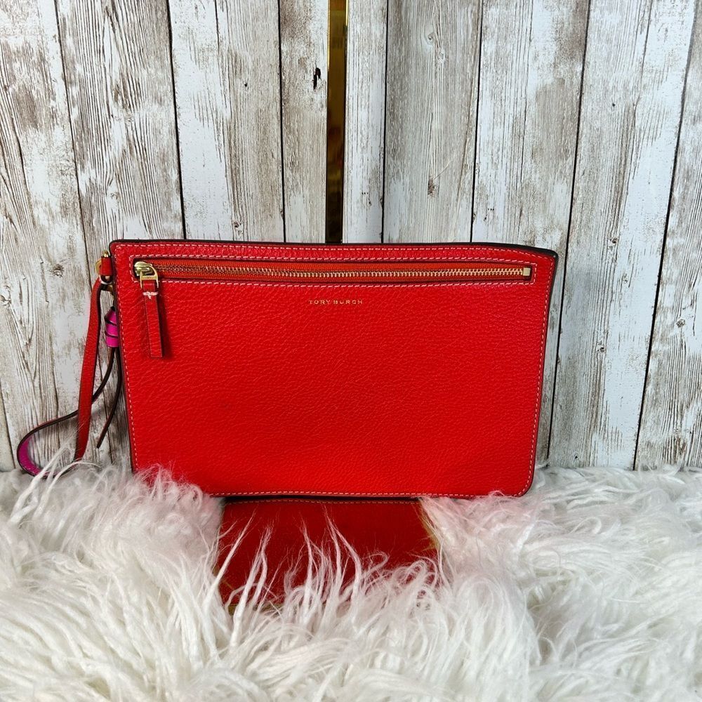 Tory Burch Red and Hot Pink Leather Clutch Pebble Leather, EUC​ - Picture 8 of 9